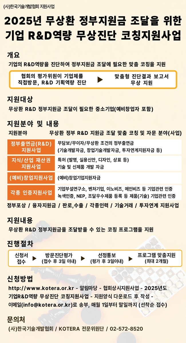 포스터_2025년도_기업RnD역량_무상진단코칭_지원사업.jpg 포스터_2025년도_기업RnD역량_무상진단코칭_지원사업.jpg